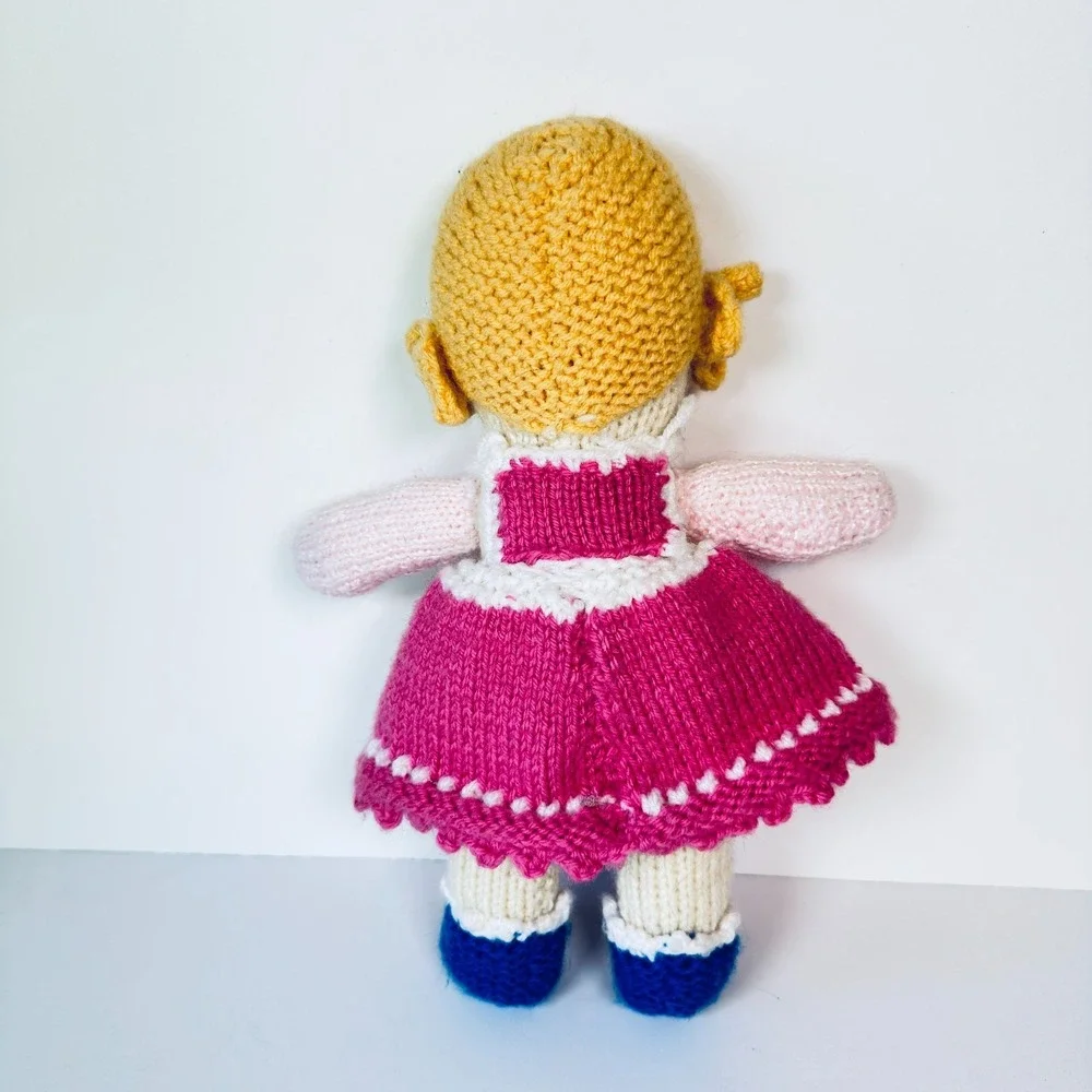 Hand-Knitted Yarn Doll Jean Greenhowe Vintage Pattern Blonde Girl Pink 11.5 in